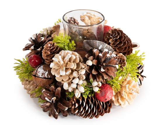 Centerpiece with snowy pine cones and candle holder jar