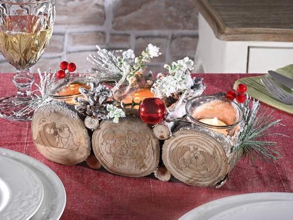 Wooden centerpiece with 3 glass candle holders Winter Love