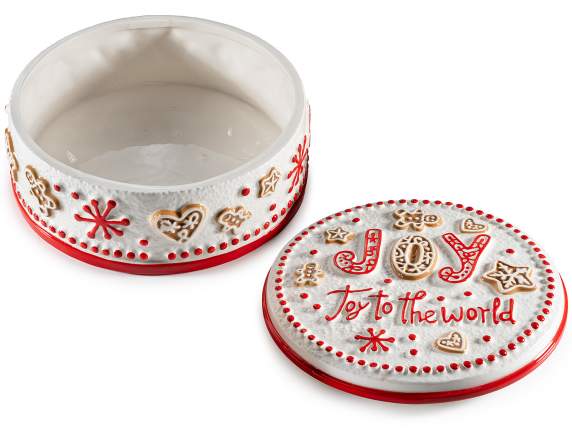 Round ceramic food container with embossed decorations