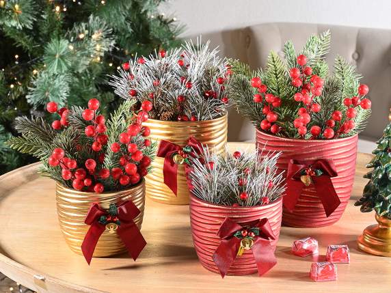 Set of 2 ceramic vases with Christmas decoration and bow
