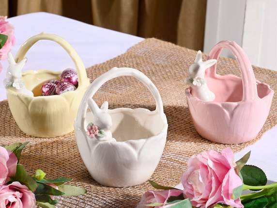 Glossy colored porcelain basket with bunny