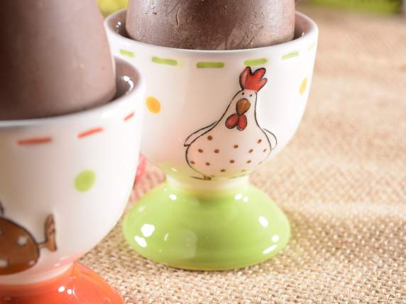 Ceramic egg cup with chicken decoration in relief