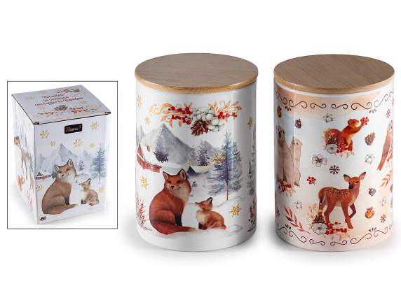 Ceramic food jar with winter print and lid
