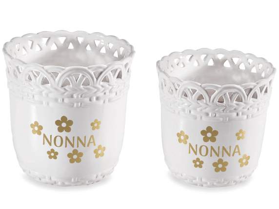 Set 2 glossy ceramic vases decorated edge for grandparents