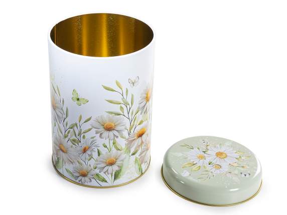 Metal food jar with chamomile-decorated lid