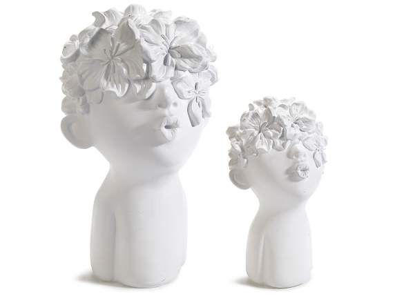 Set of 2 decorations in resin, face of a child with flowers