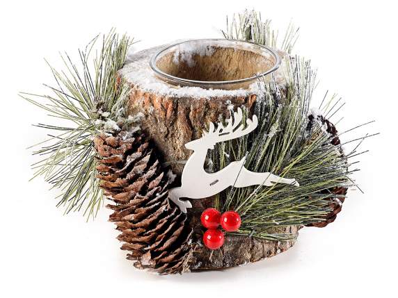 Glass and wood candle holder centerpiece with reindeer and p