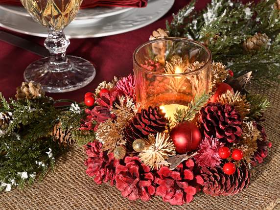 Centerpiece pine cones, berries, balls and candle holder jar