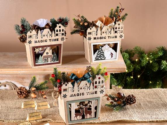 Wooden container basket with Christmas carvings