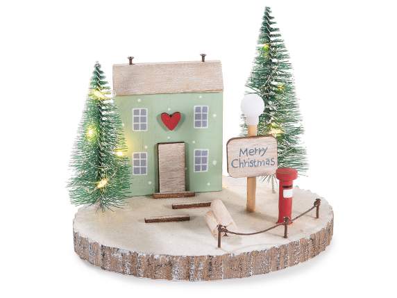 Wooden decoration with house, trees and LED lights