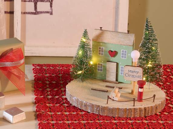Wooden decoration with house, trees and LED lights