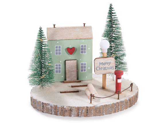 Wooden decoration with house, trees and LED lights