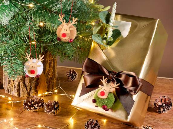 Wooden and chenille reindeer with red nose to hang
