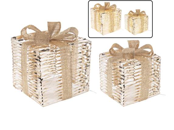 Set of 2 metal gift boxes with LED lights and bow