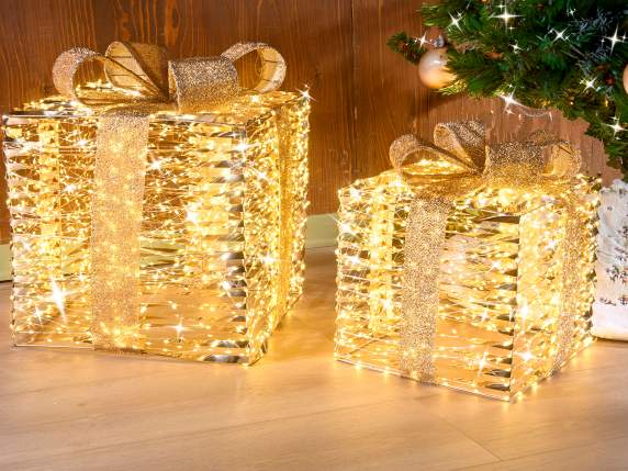 Set of 2 metal gift boxes with LED lights and bow