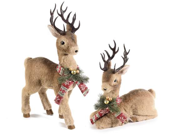 Set of 2 reindeer in soft eco-fur with scarf and bell
