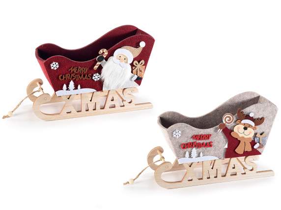 Christmas sleigh basket in wood and cloth with Xmas writing