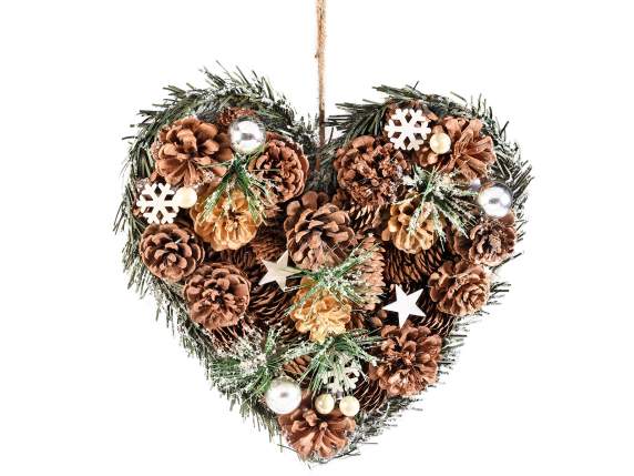 Wooden heart snow garland with decorations to hang