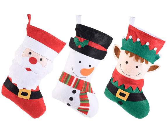 Cloth sweet holder stocking with applied decorations to hang