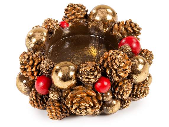 Resin tealight candle holder with golden pine cones