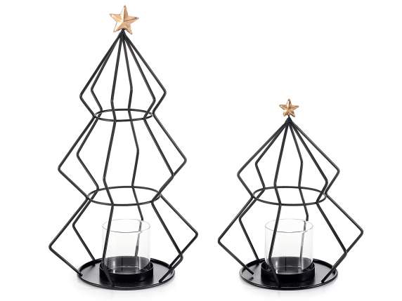 Set of 2 metal trees with glass candle holder and star