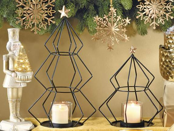 Set of 2 metal trees with glass candle holder and star