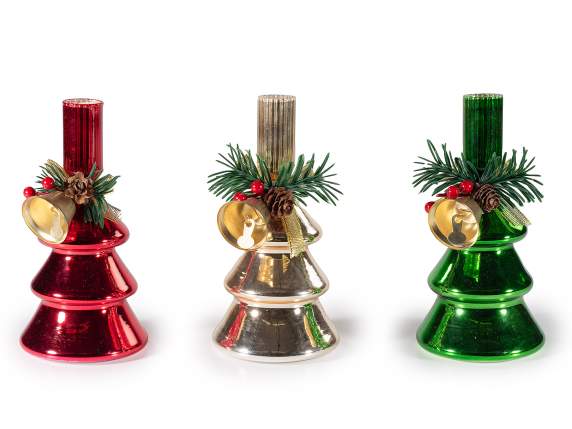 Glass tree candlestick - candle holder with pine and bell