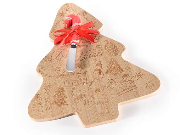 Wooden chopping board decorated with tree with knife and bow