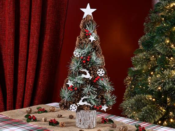 Wooden Christmas tree with pine cones, pine and berries to s