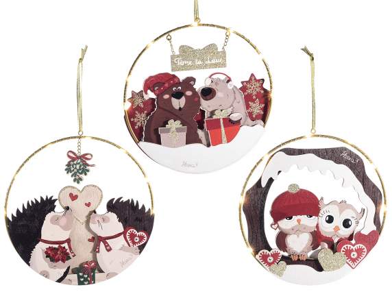 Hanging metal and wood animal decoration with LED lights