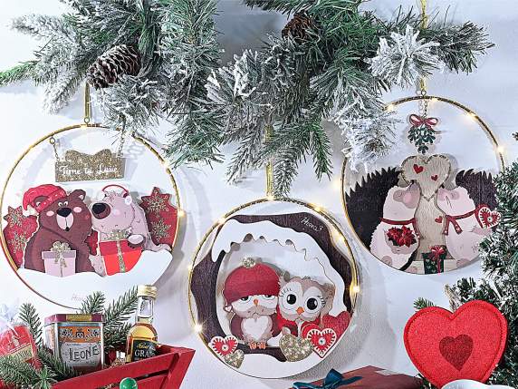 Hanging metal and wood animal decoration with LED lights