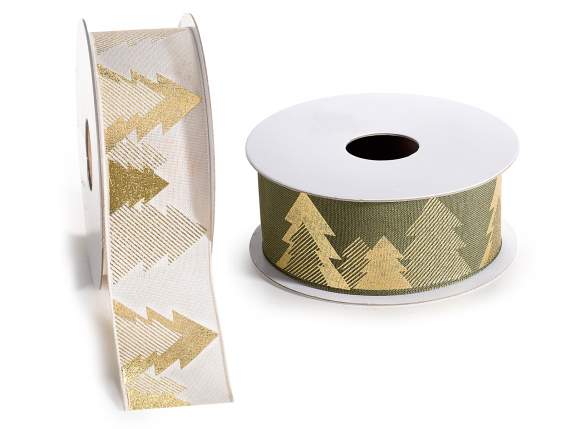 38mm fabric ribbon with golden Christmas trees print