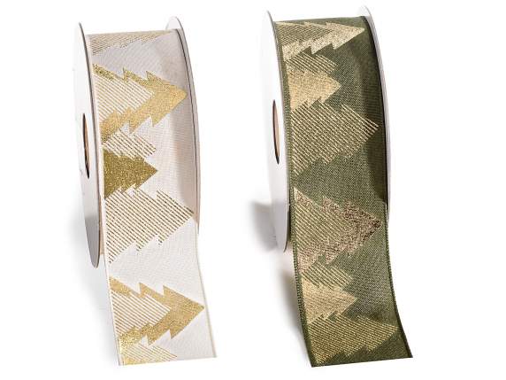 38mm fabric ribbon with golden Christmas trees print