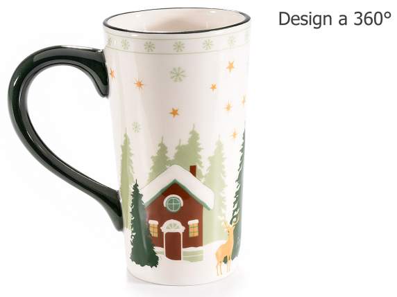 Glossy ceramic mug with Winter Village decorations