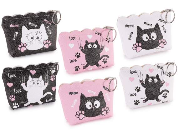 Colorful Cat Faux Leather Coin Purse with Zip and Key Ring