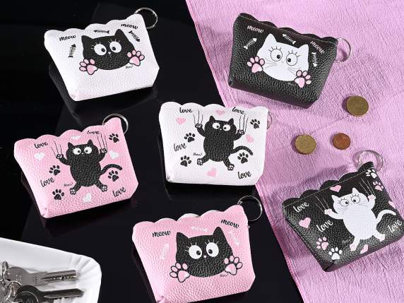 Colorful Cat Faux Leather Coin Purse with Zip and Key Ring