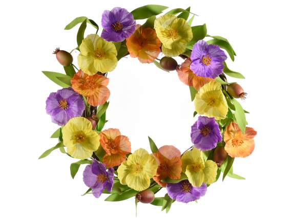 Artificial poppy wreath with leaves and buds