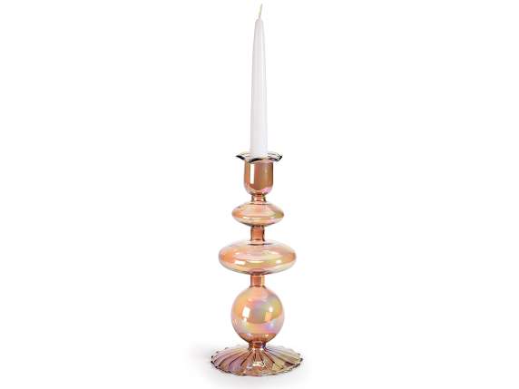 Candle holder in worked and colored glass