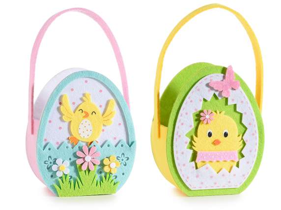 Egg-shaped colored cloth handbag with chick in relief