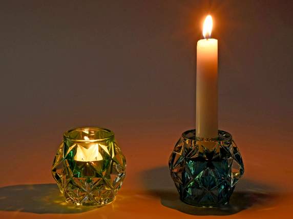 Colored and worked glass candle holder with dual use