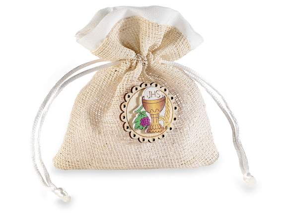 Mesh bag with wooden Communion decoration and tie rod