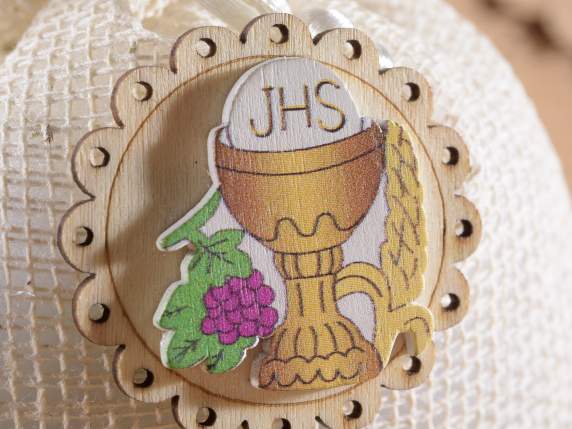 Mesh bag with wooden Communion decoration and tie rod