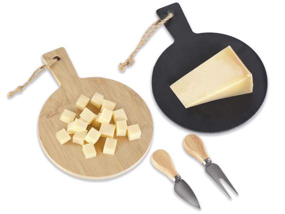 Bamboo-slate cutting board set with 2 cheese knives and cord