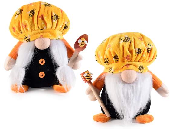 Fabric honey gnome with wooden tool and bee
