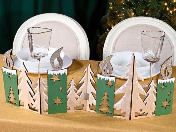 Folding carved wooden decoration with pine trees and candles