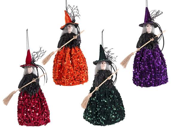 Befana - witch with sequin dress and hanging broom