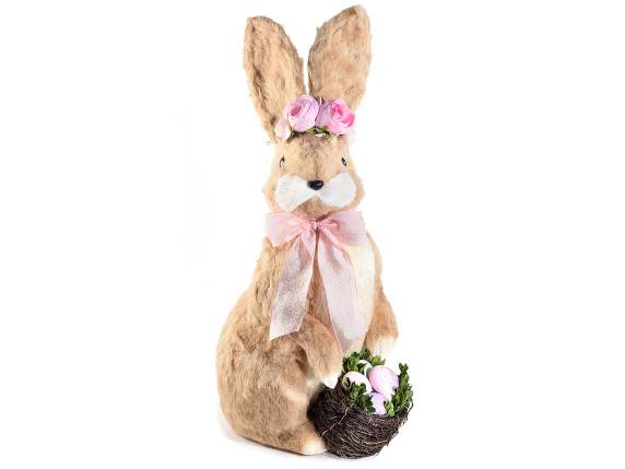 Natural fiber rabbit with basket of Easter eggs