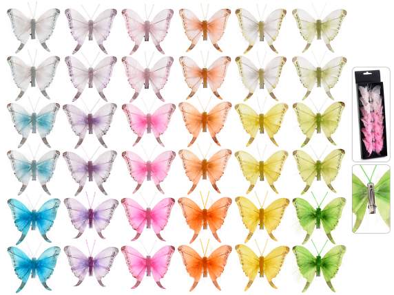 Box of 6 colored butterflies with feathers and metal clips