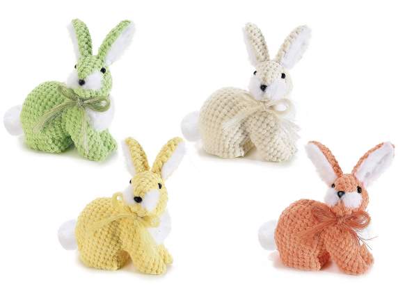 Soft colored chenille bunny with raffia bow