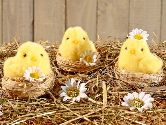 Easter chick with daisy in fiber basket